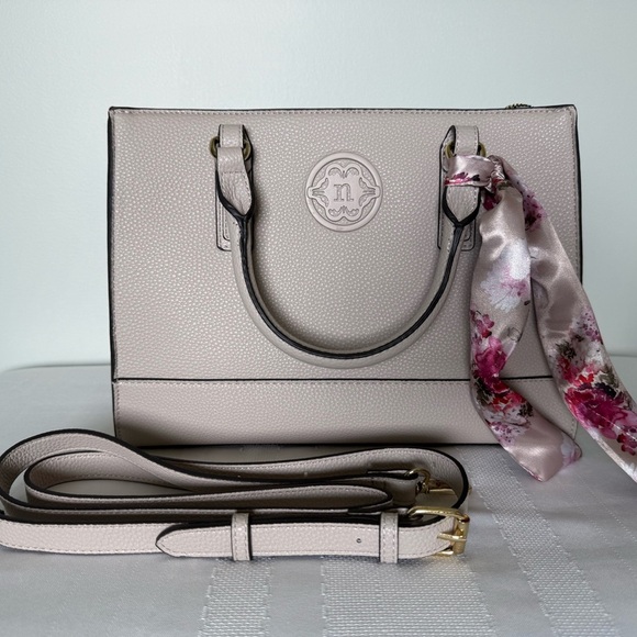 Nanette Lepore New Grey satchel Handbag with colorful Floral Scarf & long strap - Picture 1 of 5